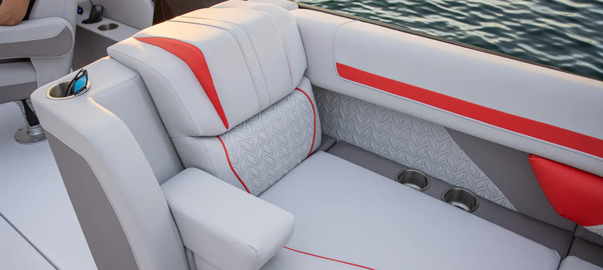 Custom red and white boat seat upholstery by Knights Upholstery in Wisconsin