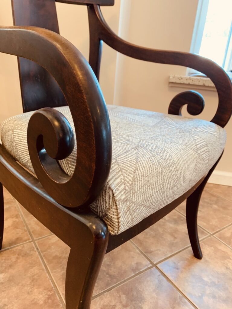 close-up view of custom re upholstery of an antique chair