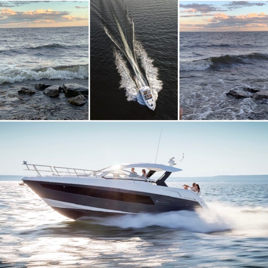 collage of boat and water photos featuring high-end yachts on the sea