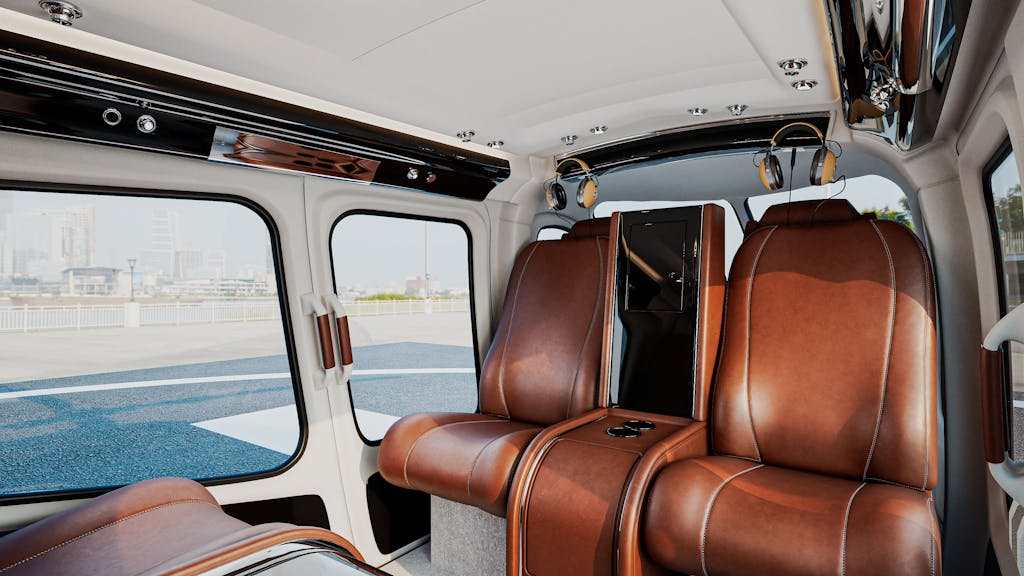 custom aviation upholstery on a luxurious private helicopter with brown leather seats and a cityscape view.