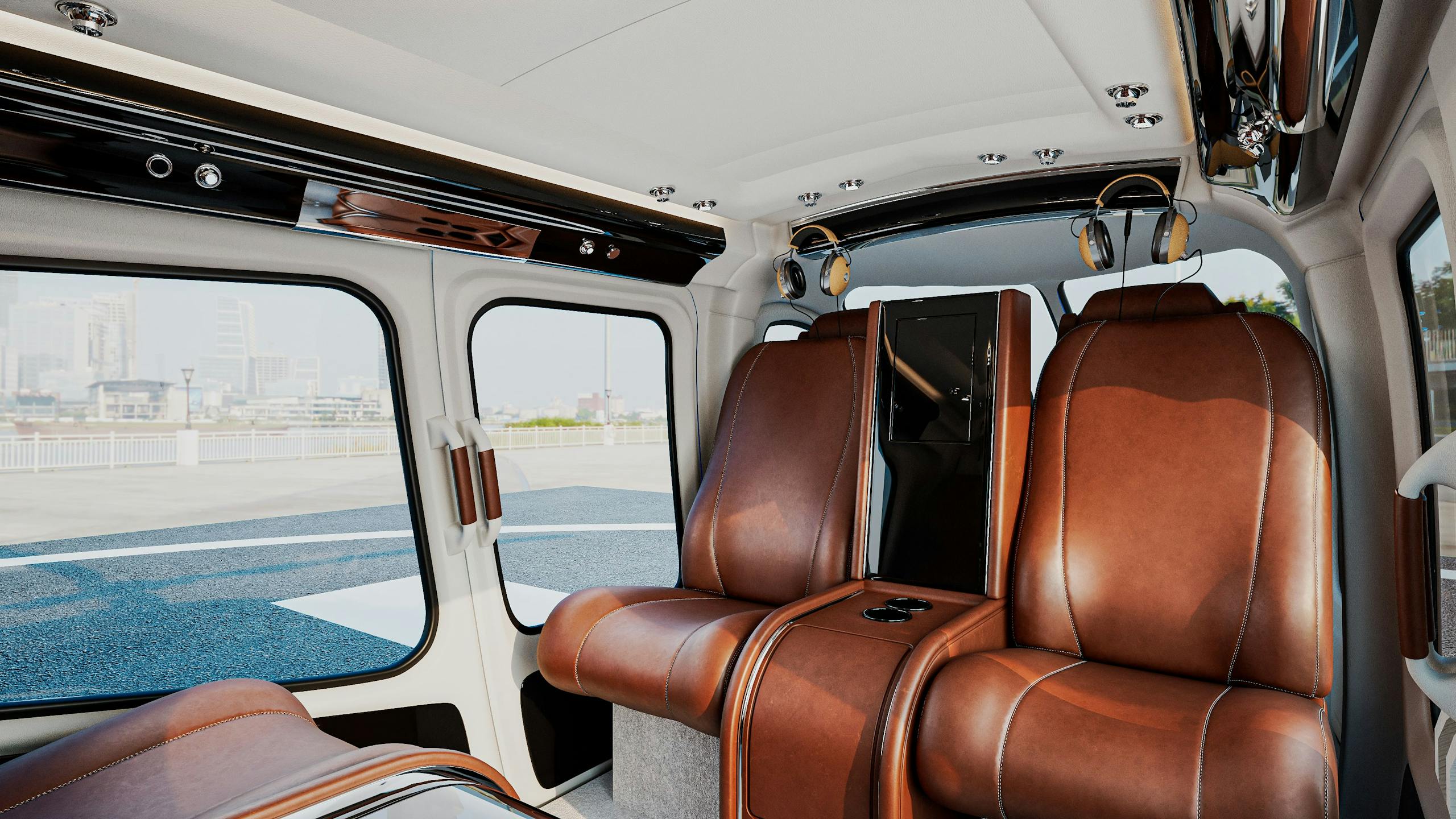 custom interior upholstery on a luxurious private helicopter with brown leather seats and a cityscape view.